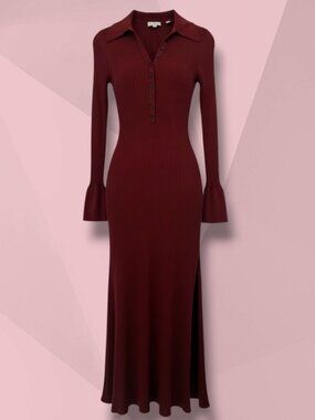 A.L.C. Burgundy Ribbed V-Neck Sweater‎ Dress